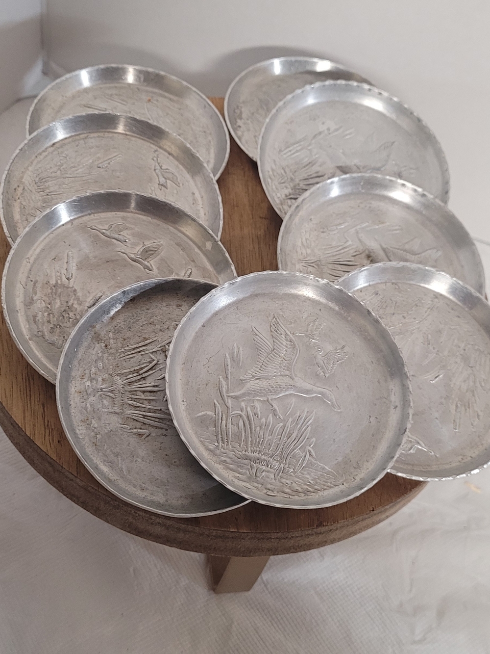 Vintage Embossed Metal/ Aluminum Coaster Set - Silver Duck Design